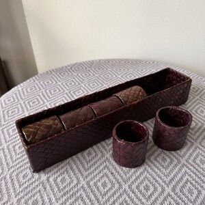 Set of 6 Vintage Woven Rattan Napkin Rings with  Storage Box Rustic Decor